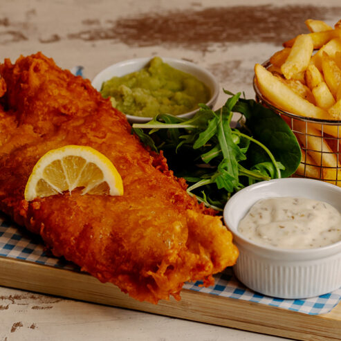 Freshly prepared fish and chips in the Spinnaker Kitchen and Bar at Spinnaker Tower Portsmouth