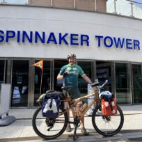 Jordan Wylie arrives at Spinnaker Tower as part of his Eco Triathlon