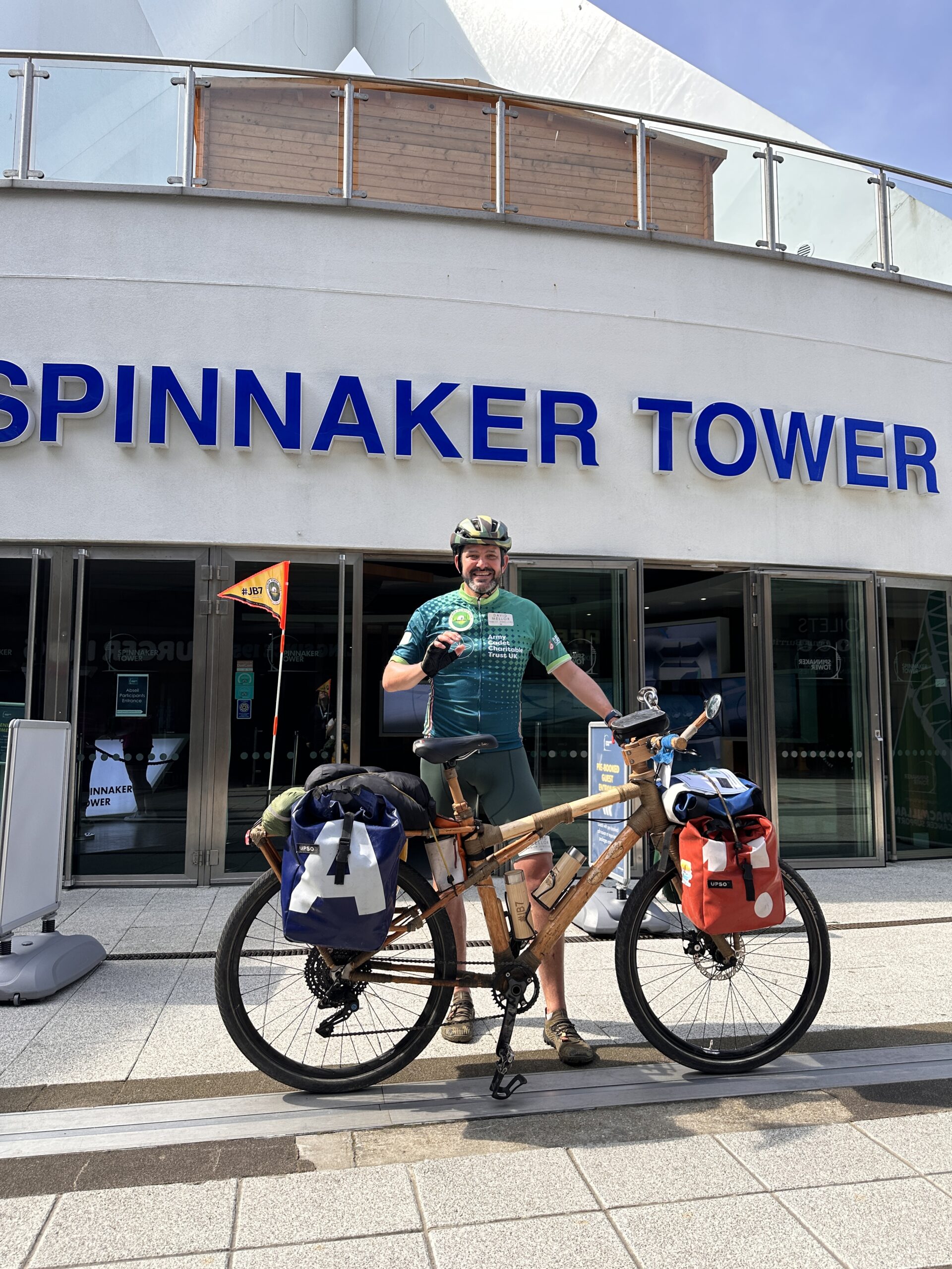 Jordan Wylie arrives at Spinnaker Tower as part of his Eco Triathlon