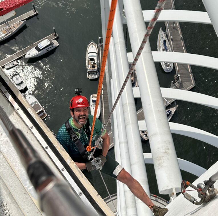 Jordan Wylie abseiling the Spinnaker Tower