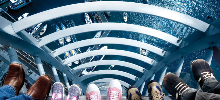 Looking down through the Glass Sky Walk at Spinnaker Tower