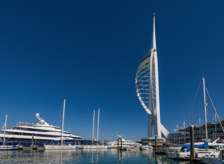 Spinnaker Tower and Gunwharf Marina with super yacht