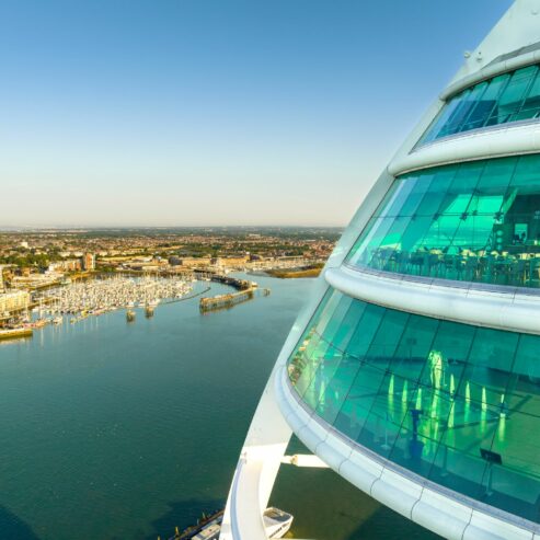 Sunrise close up of Spinnaker Tower view decks from drone